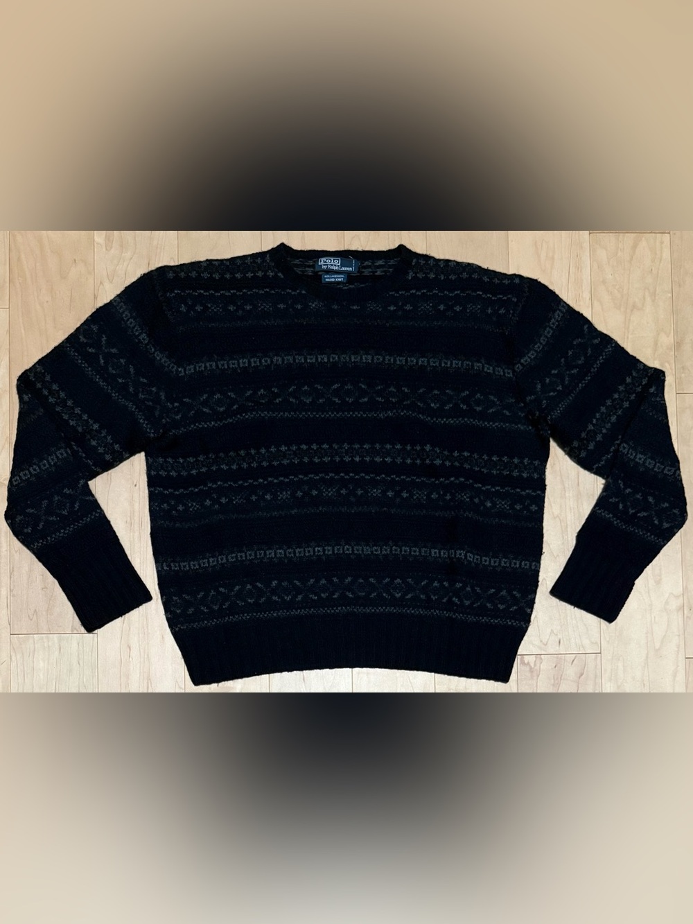 Polo Ralph Lauren 100% Lambswool Hand Knit Fair Isle Crewneck Sweater Blue Large